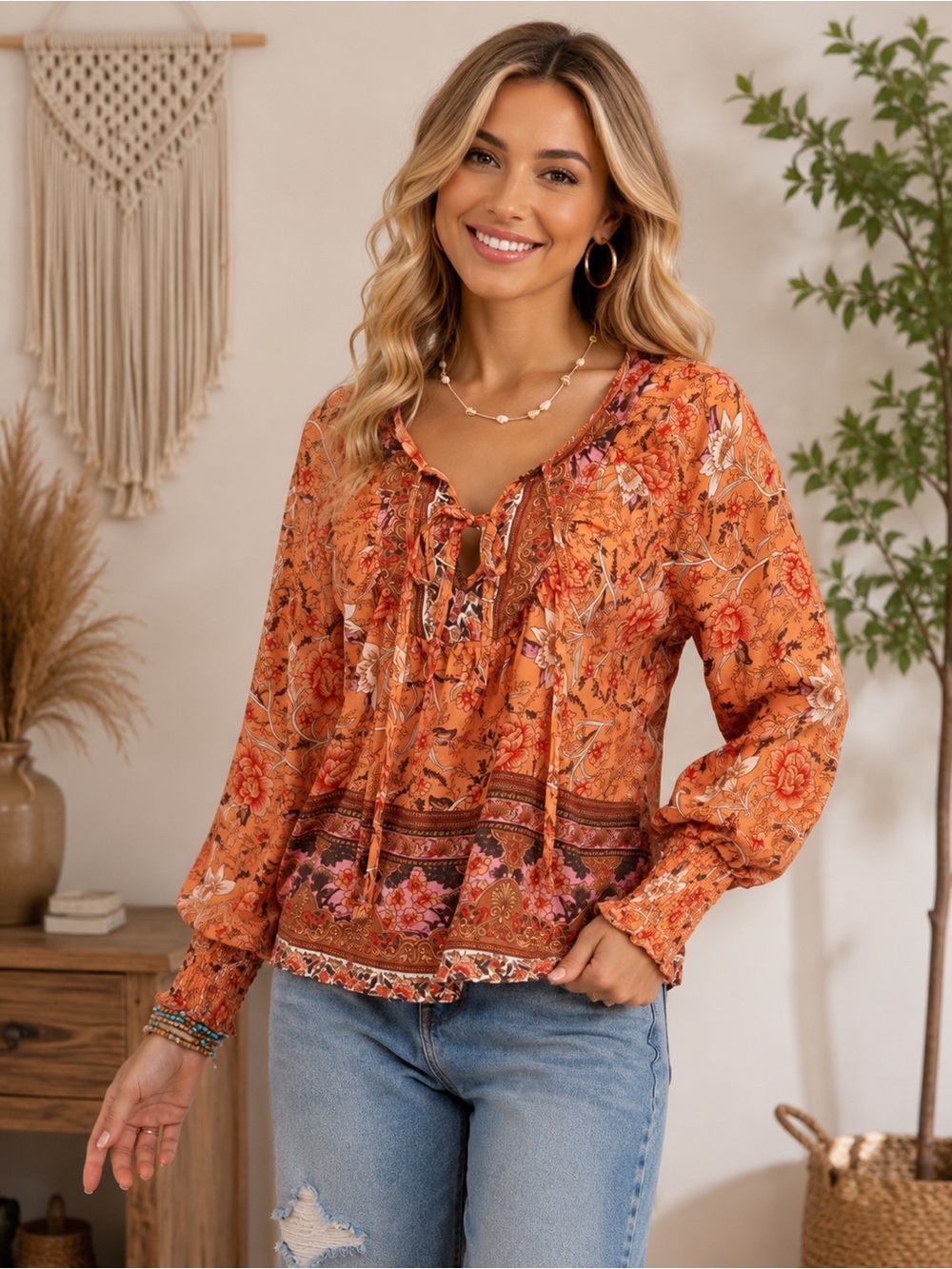 Boho Floral Print Lantern Sleeve Tie Front Blouse - Picture 2 of 8